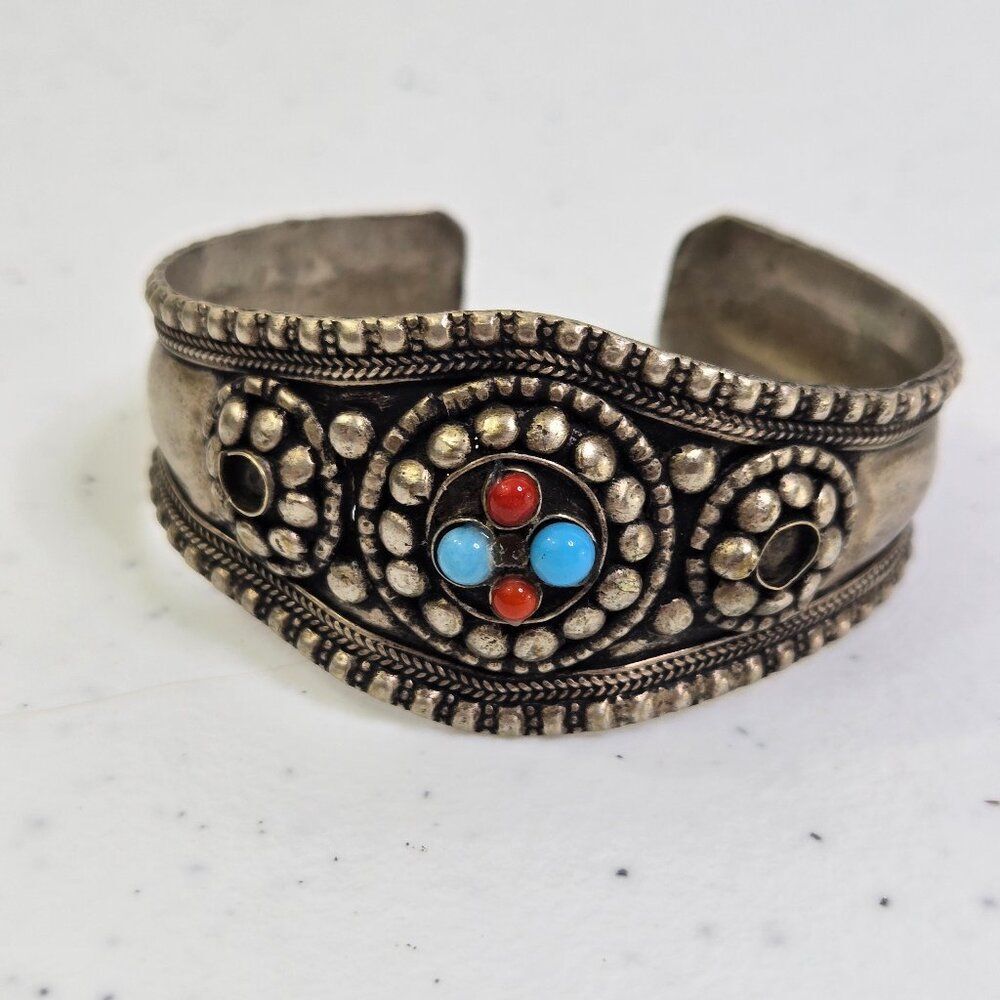 Southwestern Style Cuff Bracelet Silver Tone Boho Blue Red Tibetan Look